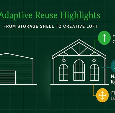 Adaptive reuse highlights for historic warehouse conversion Tampa Bay infographic showing storage 