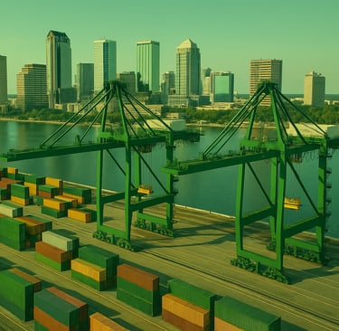 Aerial view of Port Tampa Bay container cranes and Tampa skyline, highlighting growing waterfront in
