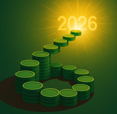 a stack of coins with a bright yellow light shining over a stack of coins