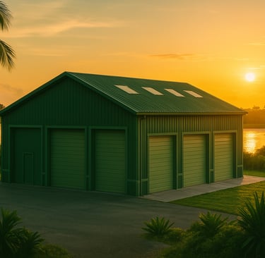 A tampa warehouse on the bay behind a beautiful tampa sunset