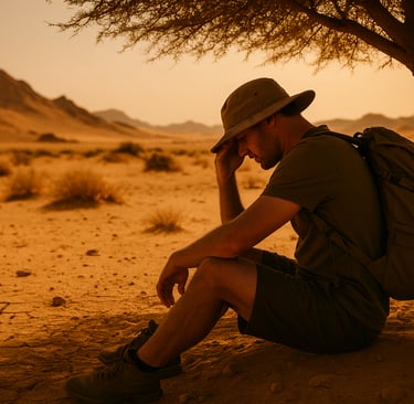 Exhausted hiker resting in extreme desert heat, danger of dehydration and sunstroke during survival scenario