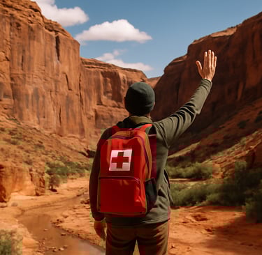 Solo hiker with medical backpack signaling for rescue in remote desert canyon