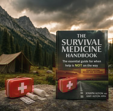 The Survival Medicine Handbook with med kits in a mountain campsite