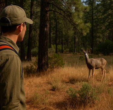 Survivalist encountering deer in forest clearing, observing wildlife for food tracking or nature awareness training