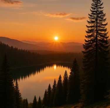 Scenic mountain lake reflecting orange sunset through pine trees