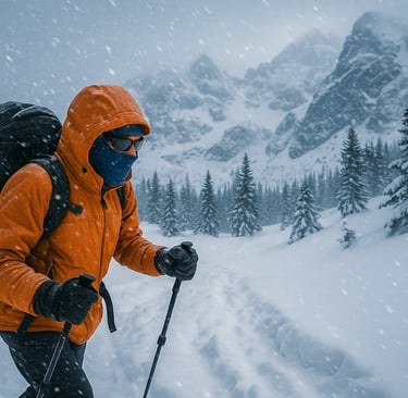 Winter backpacker trekking through snow-covered mountains in bright gear, showcasing cold weather survival and navigation