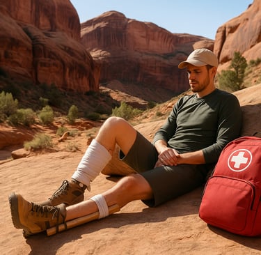 Injured hiker resting on desert rock with first aid kit demonstrating solo survival readiness in remote terrain
