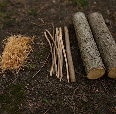 Pile of dry tinder sticks and logs arranged for fire building outdoors