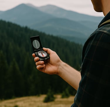 Hiker holding compass while standing on mountain with scenic view