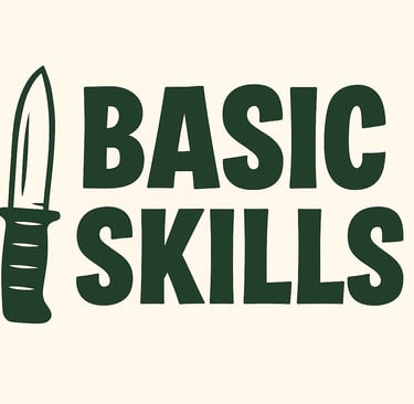 Basic Survival Skills section banner with knife icon — fundamental wilderness skills, bushcraft basics, prepping knowledge