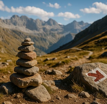 Stacked cairn marking hiking trail through mountains, wilderness navigation using natural trail signs