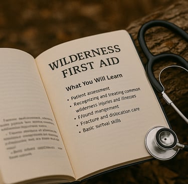 Wilderness first aid guidebook with stethoscope, outdoor survival medical knowledge and emergency response training