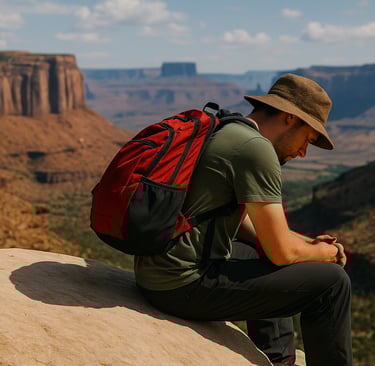 Backpacker resting at cliff edge in desert canyon, solo travel moment of reflection during remote wilderness survival