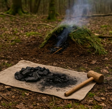 Charcoal pit smoldering with bushcraft mallet used to make survival charcoal and biochar for primitive fire and soil use