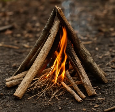 Teepee fire lay with sticks igniting into small campfire