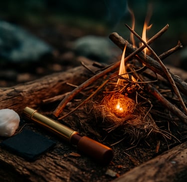Survival fire burning with flint striker and tinder on forest ground