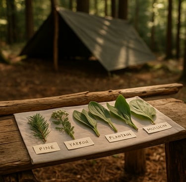 Table showing labeled edible leaves near tarp shelter teaching plant identification and safe foraging in survival
