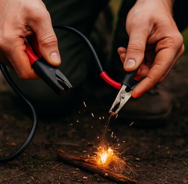 Battery and wire spark fire method, survival firestarting with improvised tools