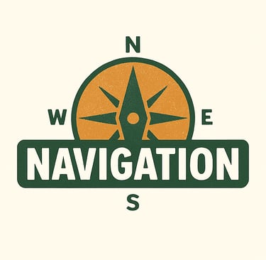 Navigation section icon with compass rose — wilderness wayfinding, orienteering, survival direction skills category banner”