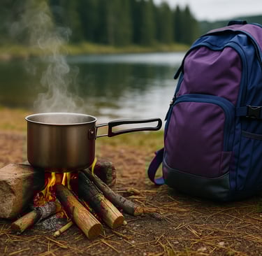 Metal pot boiling water on campfire by forest lake, wilderness cooking and water purification during survival