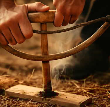 Hands using bow drill to start fire, friction-based firestarting and primitive skills