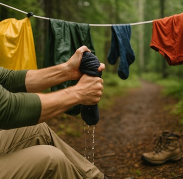 Hand wringing wet socks near clothesline at forest campsite showing how to dry gear and manage comfort in the wild