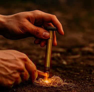 Igniting tinder with ferro rod and striker, classic bushcraft firestarting technique for survival situations