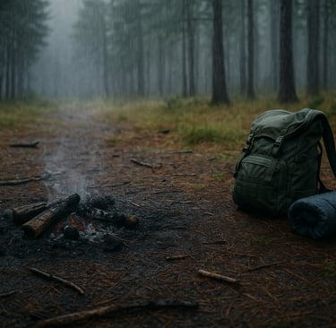 Smoky campsite with gear left behind showing the importance of fully extinguishing fires in forest survival situations