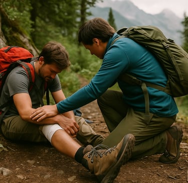 Helping hiker with leg injury during mountain wilderness hike