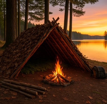 Lean-to shelter at lakefront campsite with fire and sunset, demonstrating wilderness survival shelter setup