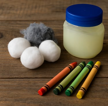 Cotton balls petroleum jelly and crayons for emergency fire starting
