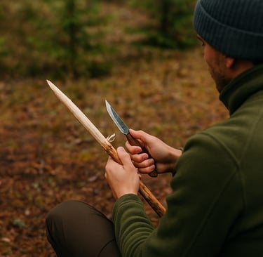 Person carving wood with survival knife in wilderness, crafting tools or preparing kindling in bushcraft context