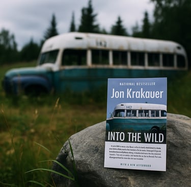 Into the Wild by Jon Krakauer in front of the iconic wilderness bus on forest road