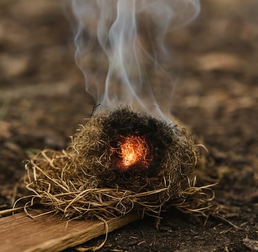 Tinder bundle smoldering with ember in survival fire-starting setup
