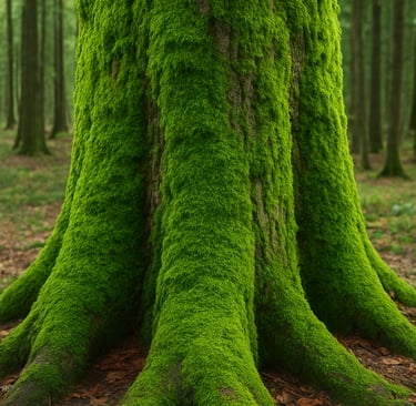 Tree trunk covered in bright green moss growing in dense forest