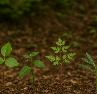 Young wild edible plants and sprouts growing in forest soil, foraging and plant identification in the wild