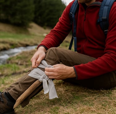 Securing improvised leg splint using gauze wrap for wilderness injury