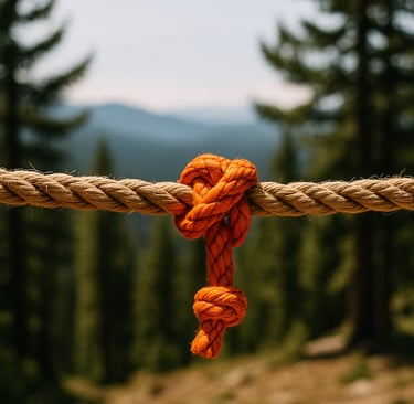 Bright orange knot tied in thick rope between trees, showcasing survival knot-tying skills for camp setup safety