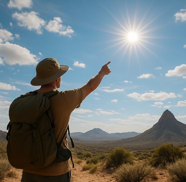 Hiker using sun for navigation in remote desert terrain, survival skill for direction without compass or map