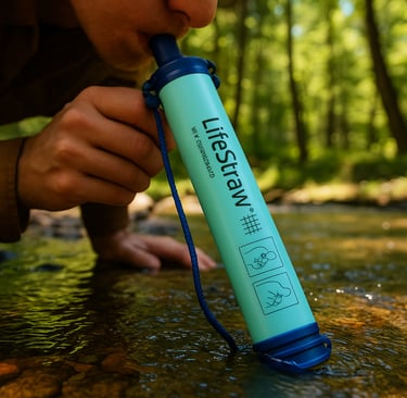 Hiker drinking from stream using blue LifeStraw water filter straw for safe wilderness hydration