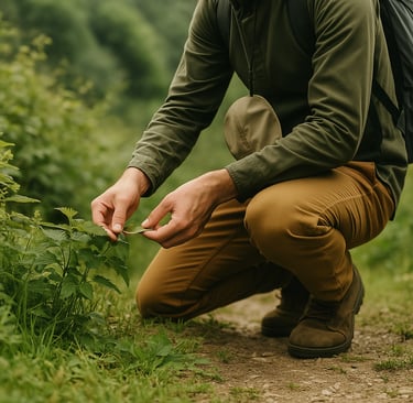 Forager identifying wild edible plants while crouching in greenery