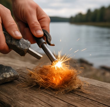 Striking ferro rod to spark tinder nest beside mountain lake