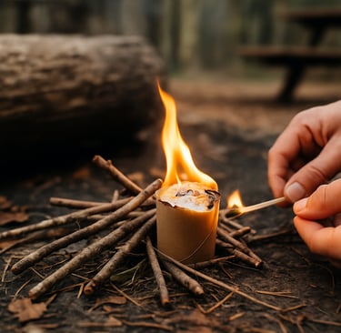 Hands lighting survival fire using tinder bundle in outdoor setting