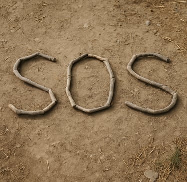 SOS spelled out with sticks in dirt as emergency distress signal