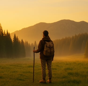 Silhouette of hiker walking through foggy field at sunrise, symbolizing resilience, solitude, and survival mindset