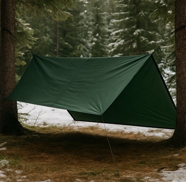 Suspended tarp shelter tied between trees for minimalist forest camping