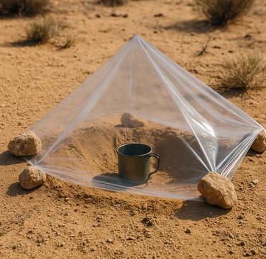 DIY solar still water purifier in desert survival setup, plastic sheet over cup collecting condensation for hydration