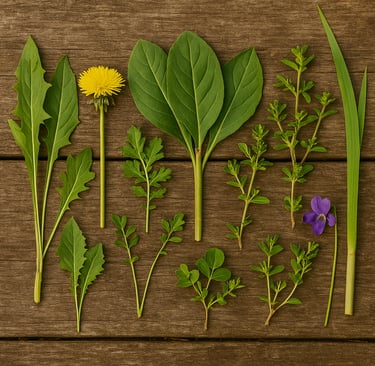 Edible and medicinal wild plants arranged on wood, wilderness foraging identification for survival situations