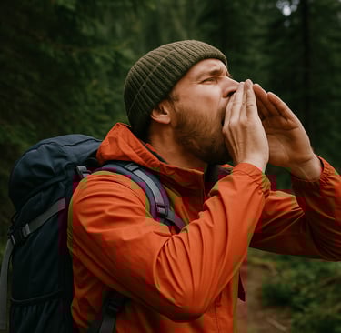 Survivalist shouting for help in dense forest, emergency signaling without gear during solo wilderness hike