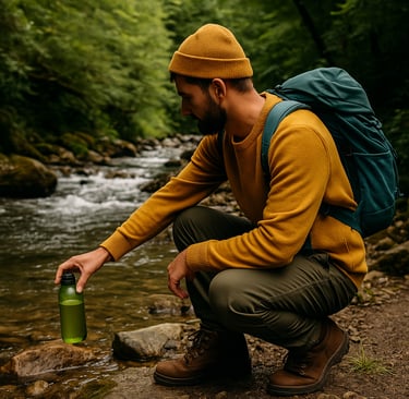 Camper collecting drinking water with bottle from forest stream